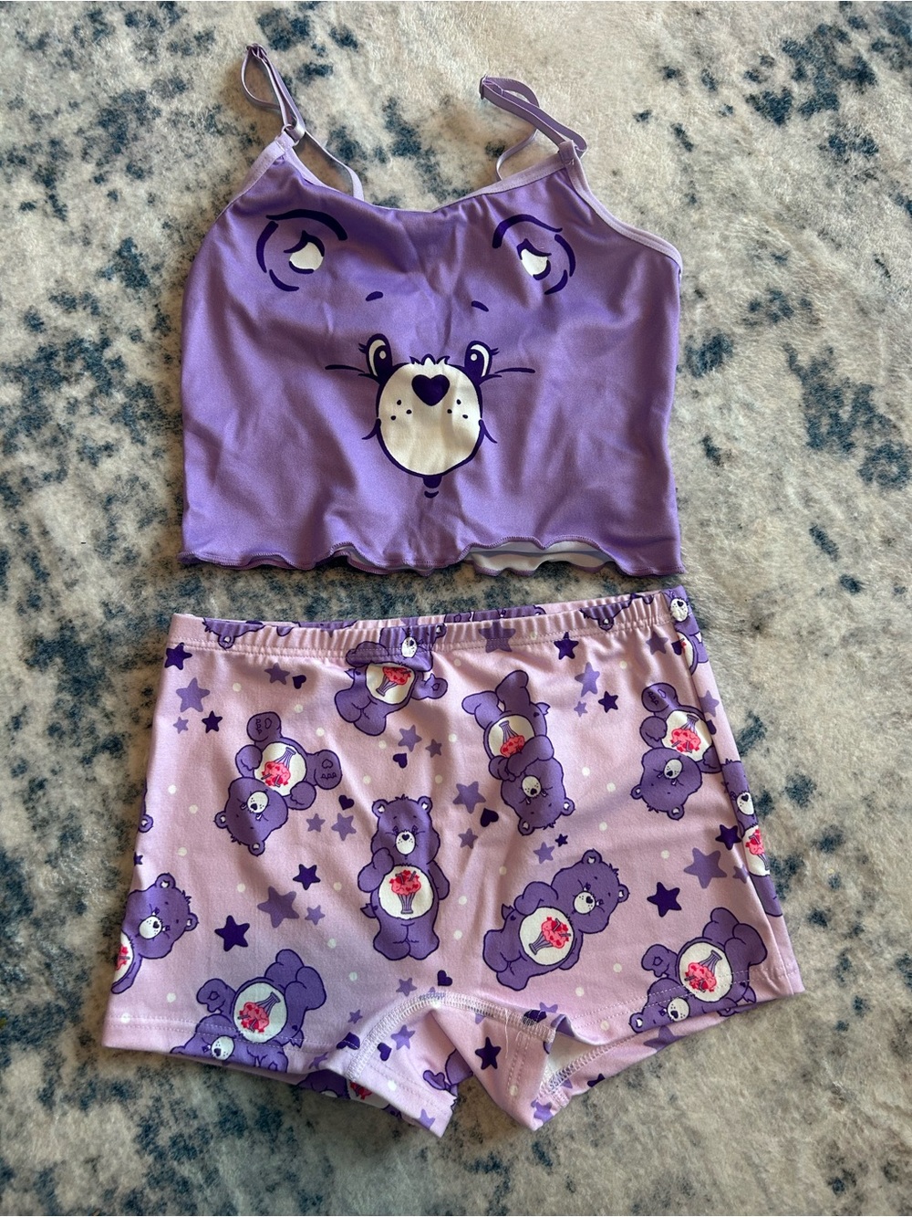 Kids Purple Bear Face Tank & Bear-Print Shorts Pajama Set